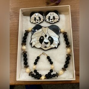 Lee Sands: vintage mother of pearl and onyx panda head and pierced earrings set